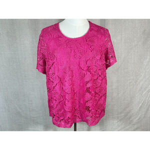 Catherines Top Womens 1XWP Petite Pink Lace Overlay Short Sleeve Easter Blouse